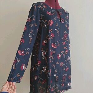 Cupcakes‎ And Cashmere Small Navy Floral Fall Satin Dress Long Sleeve Keyhole